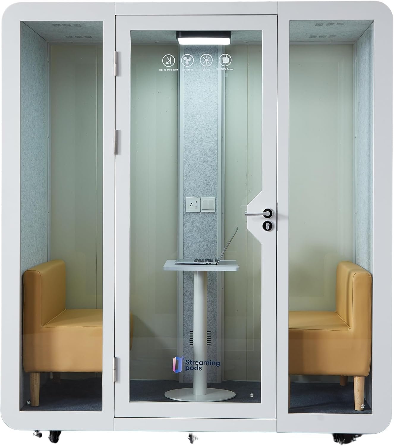 GEARONIC Mobile Office Pod Booth, Standard Sound Proof Office Pod for 2 People, Sound Pod Booth with Mobile Roller, LED Lighting System,Fans and AC USB Ports - Image 11