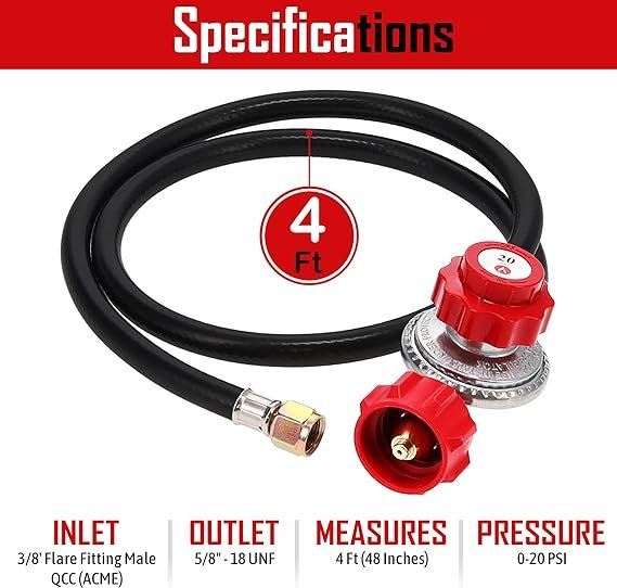 GasOne 2109-RED 4 ft High Pressure 0-20 PSI Adjustable Regulator with Red QCC-1 Type Hose-Works with Newer U.S. Propane Tanks - Image 2