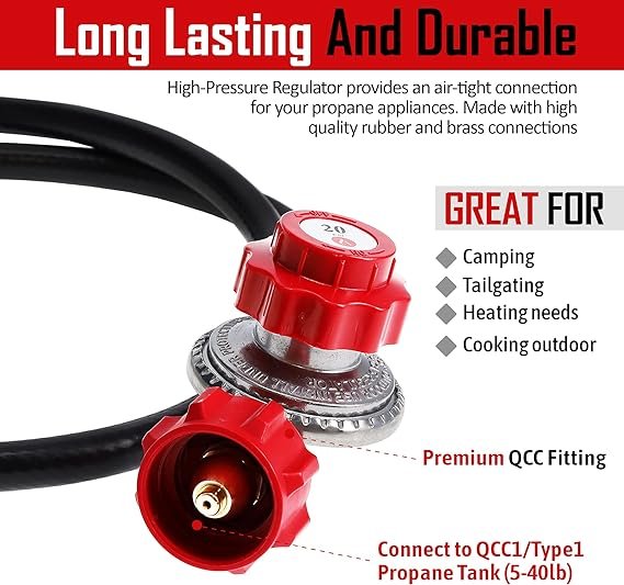 GasOne 2109-RED 4 ft High Pressure 0-20 PSI Adjustable Regulator with Red QCC-1 Type Hose-Works with Newer U.S. Propane Tanks - Image 3
