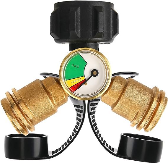 Solimeta Dual Propane Tank Connection, Propane Tank Y Splitter Adapter with Gauge, Level Indicator, Gas Pressure Meter for RV Camper, Cylinder, BBQ Gas Grill