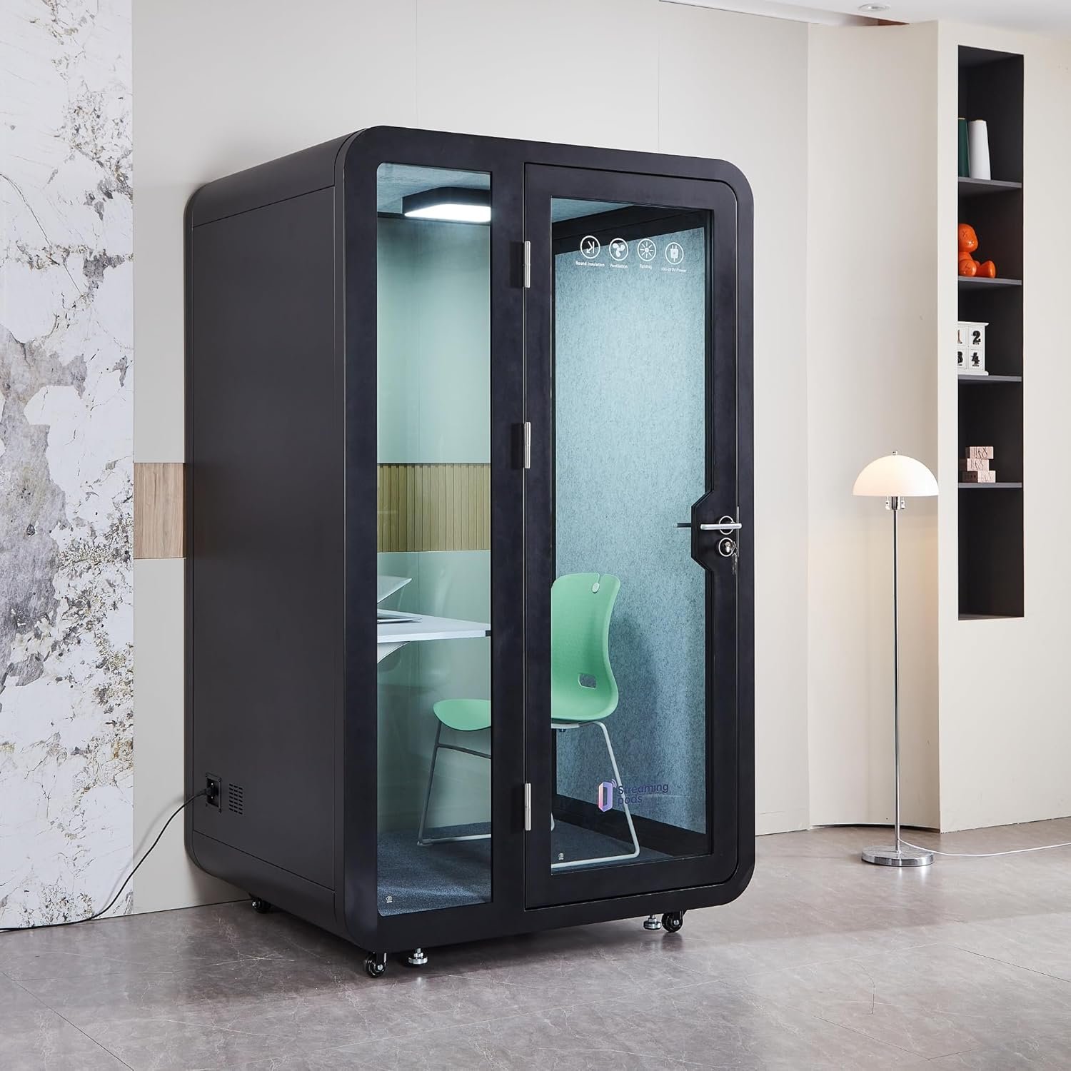 GEARONIC Mobile Office Pod Booth, Sound Proof Booth for Home, Mobile Roller with Desk, LED Light, Fans and AC USB Ports (Black Obsidian) - Image 8