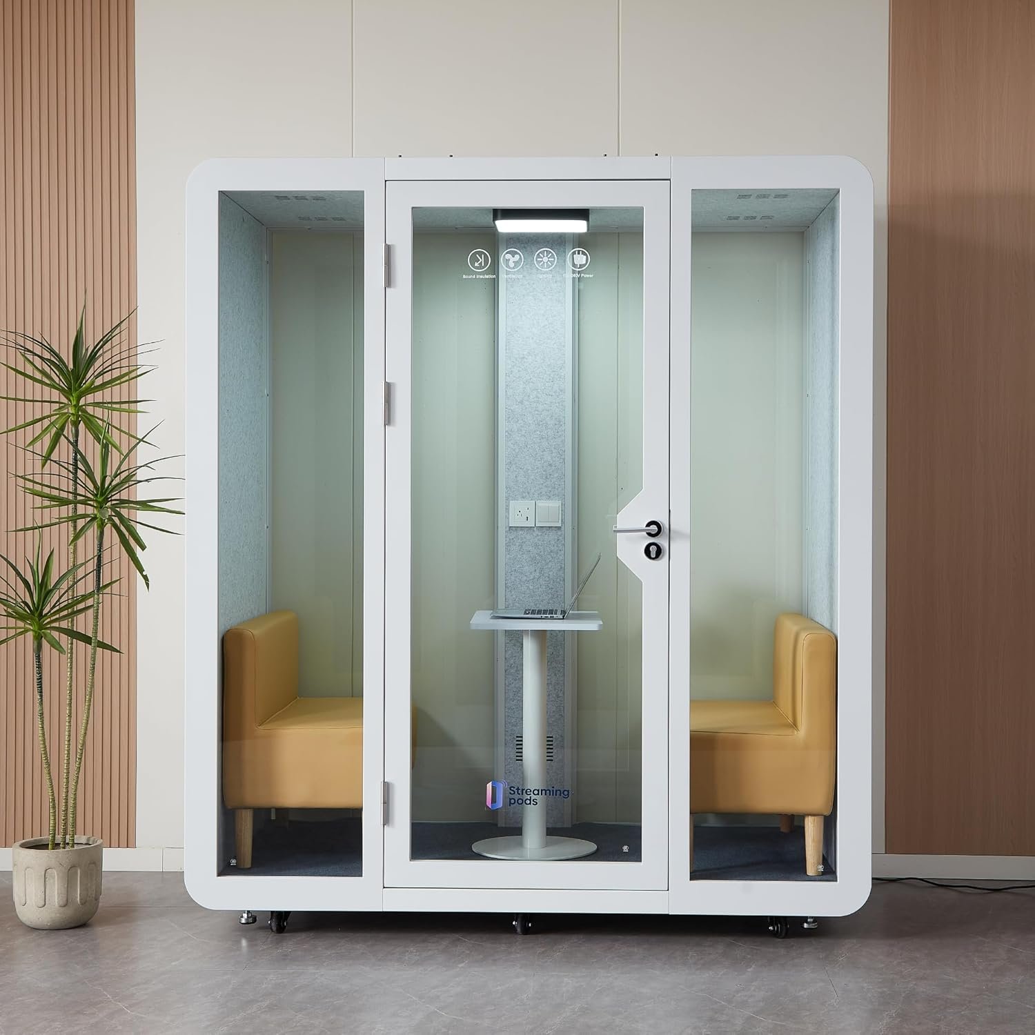 GEARONIC Mobile Office Pod Booth, Standard Sound Proof Office Pod for 2 People, Sound Pod Booth with Mobile Roller, LED Lighting System,Fans and AC USB Ports